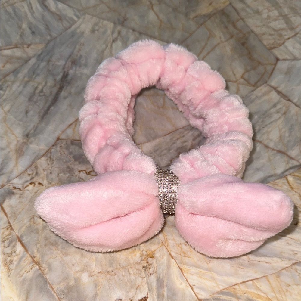 Pink‎ Plush Spa Headband with Bow and Rhinestone Detail One Size